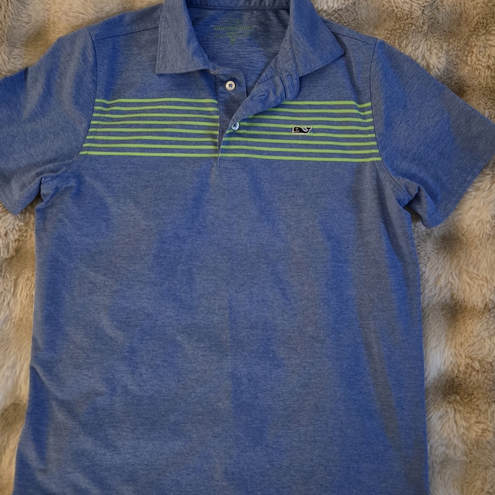 Vineyard Vines Blue Polo with Green Stripes